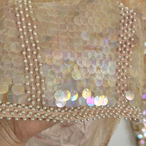 VTG Large Pink Ivory Full Sequin Glam Silk Evening Blouse 80s Beaded Iridescent‎ - Picture 4 of 16